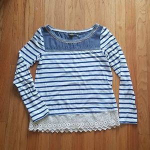 Anthropologie Embroidered Striped Shirt with Lace